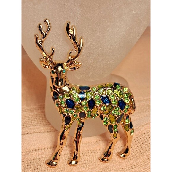 New Beautiful Christmas Deer Brooch with Blue & Green Bling. - Picture 2 of 3